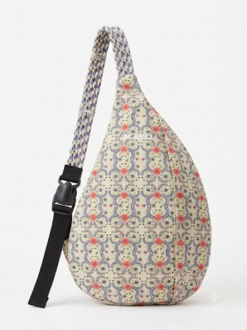 Kavu Cream Floral Rope Sling Backpack with Coral Accents